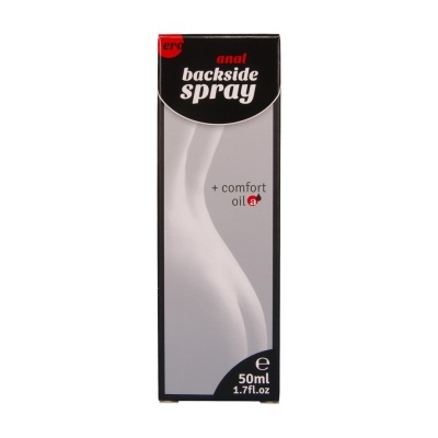 Embalagem preta e cinzenta com texto anal backside spray + comfort oil