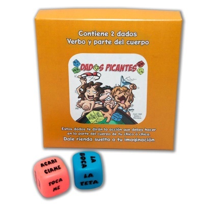 Jogo de dados com caixa laranja e dois dados coloridos para jogos íntimos