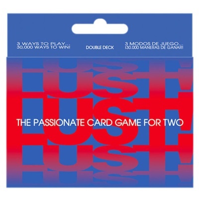 Embalagem do jogo de cartas LUST em azul e vermelho com texto branco