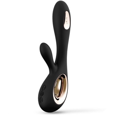 Vibrador preto com detalhes dourados e botões de controlo