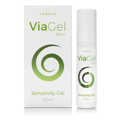 embalagem e frasco de ViaGel Men Sensitivity Gel 30ml em branco e verde