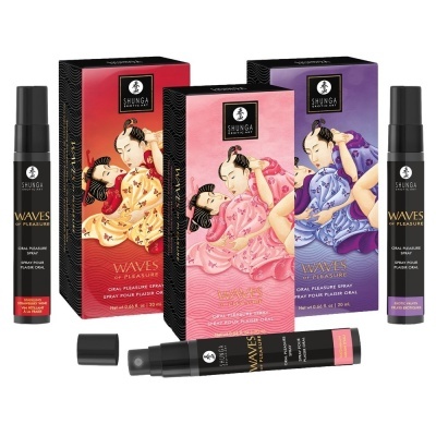 Sprays para prazer oral SHUNGA WAVES OF PLEASURE em frascos pretos com embalagens vermelha, rosa e roxa com arte erótica oriental