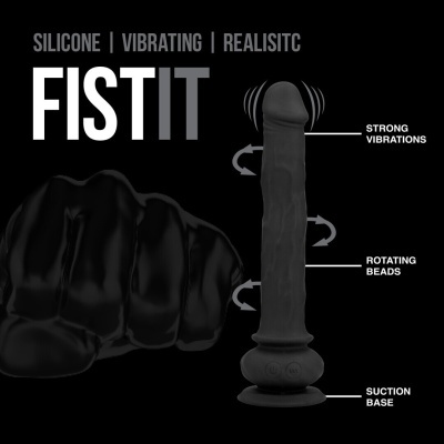 Vibrador realista preto em silicone com base de sucção e texto explicativo em fundo preto