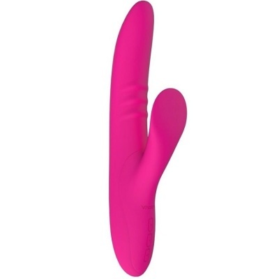 Vibrador rosa de silicone duplo com botões na base sobre fundo branco