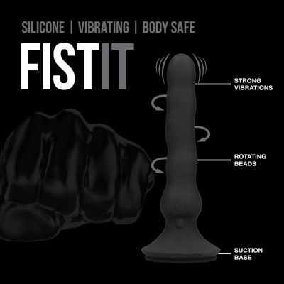 Vibrador preto em silicone com contas rotativas e base de sucção