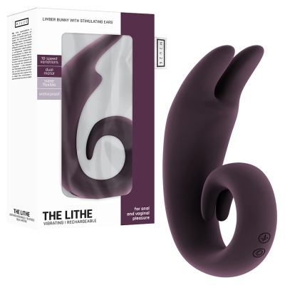 Vibrador roxo com dupla orelha e embalagem branca e roxa Mjuze The Lithe