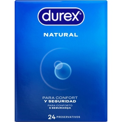 Embalagem azul de preservativos Durex Natural com texto em português e espanhol