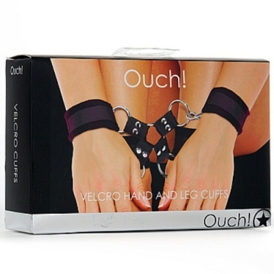 Embalagem preta de algemas com velcro para mãos e pernas com texto Ouch!