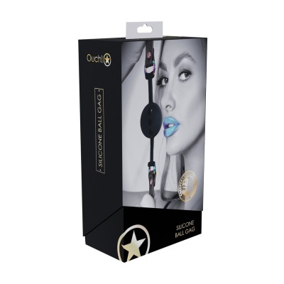 Pack silicone ball gag preto com imagem a preto e branco de mulher