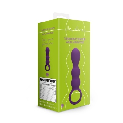 Embalagem verde com imagem de vibrador anal roxo e texto em inglês.