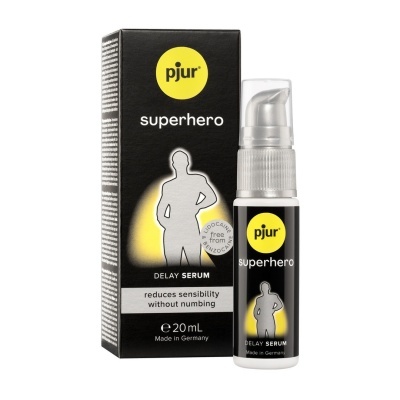 Frasco e caixa de serum pjur superhero delay preto e amarelo em fundo branco
