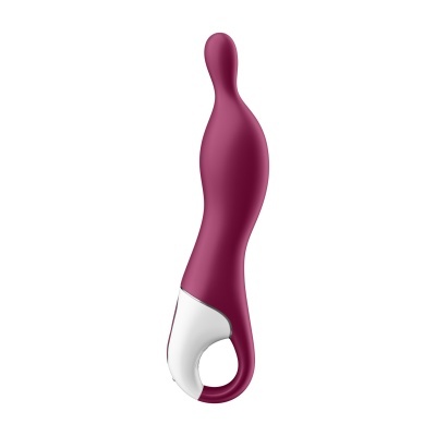 Vibrador silicone vinho com base branca e aro para manuseio fundo branco