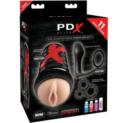 Embalagem preta de kit vibratório PDX Elite com masturbador, anéis e vibrador.
