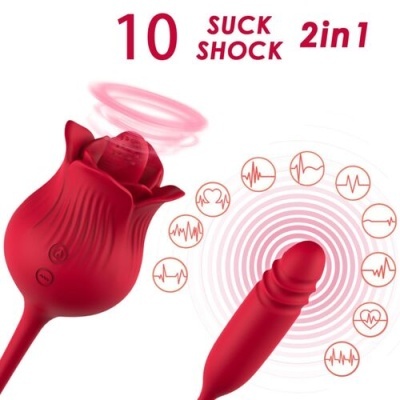 Dispositivos sexuais vermelhos com forma de flor e cilíndrica, texto 10 SUCK SHOCK 2in1