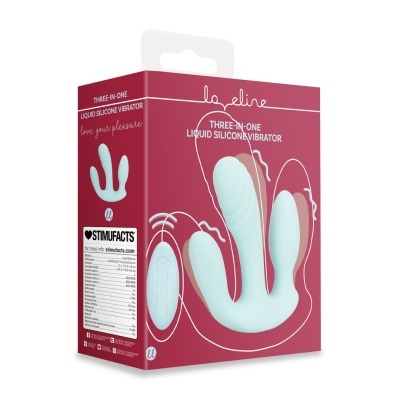 Embalagem vibrador silicone líquido três em um La Line azul claro com controle remoto