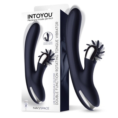 Vibrador preto de silicone com língua rotativa e caixa branca com texto e USB