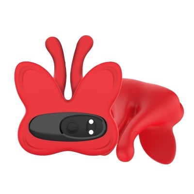 Produto vermelho em forma de borboleta com botão preto