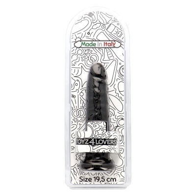 Dildo preto de silicone em embalagem transparente com texto e desenho preto e branco
