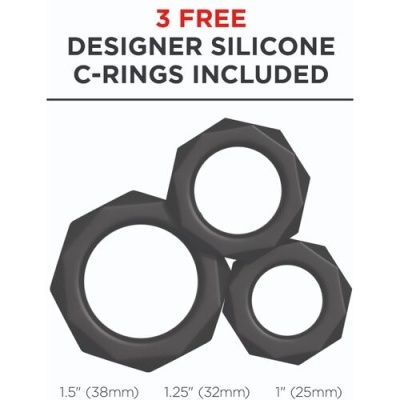 Três anéis C em silicone preto com tamanhos indicados e texto promocional