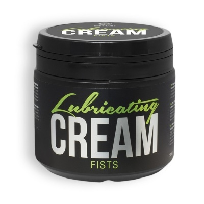 Frasco preto de creme lubrificante com texto em branco e verde