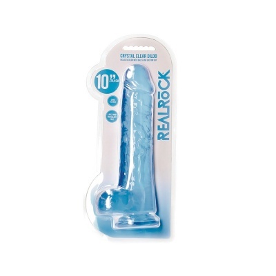 Dildo transparente azul em embalagem com texto