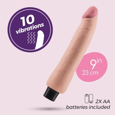 Vibrador em cor pele com base preta e texto informativo