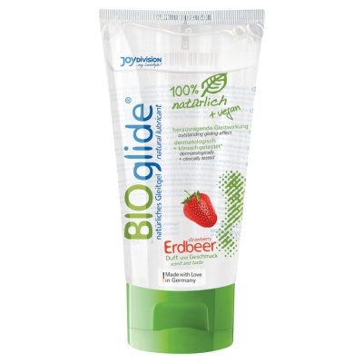 Frasco plástico de lubrificante natural sabor morango BIOglide com tampa verde