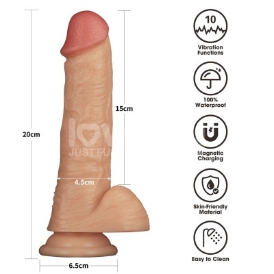 Dildo realista cor de pele com ventosa e ícones de características do produto
