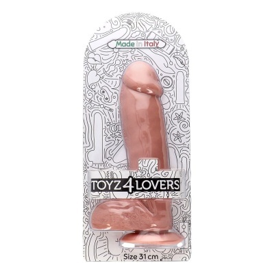 Brinquedo sexual em forma de pénis bege rosado na embalagem