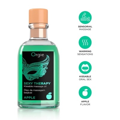 Frasco de óleo de massagem beijável Orgie Sexy Therapy com rótulo preto e líquido verde