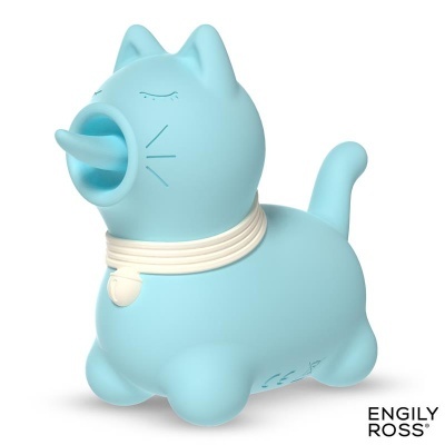 Figura de gato azul claro com língua de borracha e coleira branca