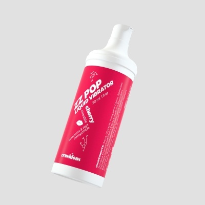 Frasco branco com tampa e rótulo vermelho com texto branco