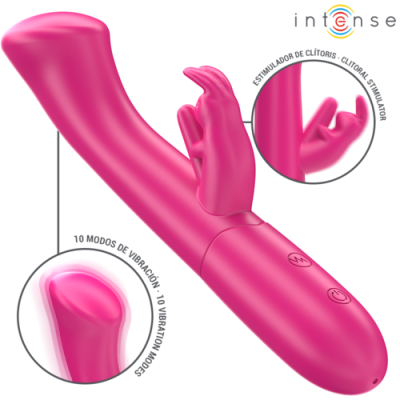 Vibrador rosa com estimulador de clítoris em formato de coelho e botões de controlo