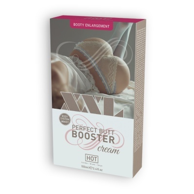 Embalagem de creme para aumento de glúteos com imagem de lingerie bege rendada.