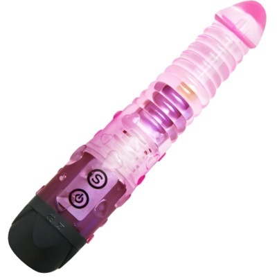 Vibrador rosa translúcido com botões e corações em relevo