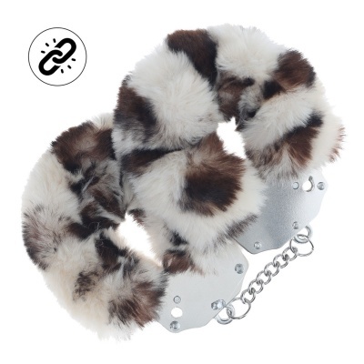 Algemas com pelo sintético branco e castanho e metal prateado