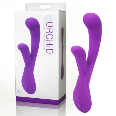 Vibrador roxo em silicone com design estilo coelho e embalagem branca com texto