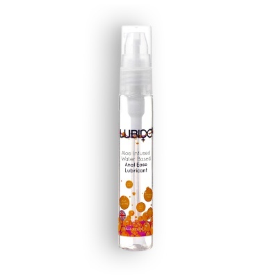 Frasco de lubrificante anal com tampa de spray e texto em inglês.