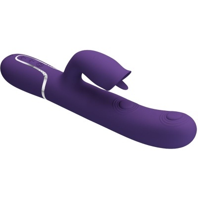 Vibrador roxo com duas zonas de estimulação e botões de controlo