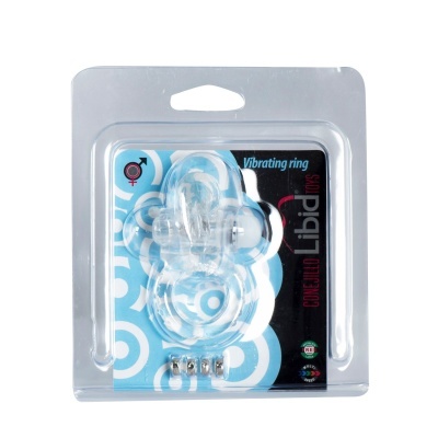 Anel vibratório transparente em embalagem com fundo azul e branco e texto Vibrating ring
