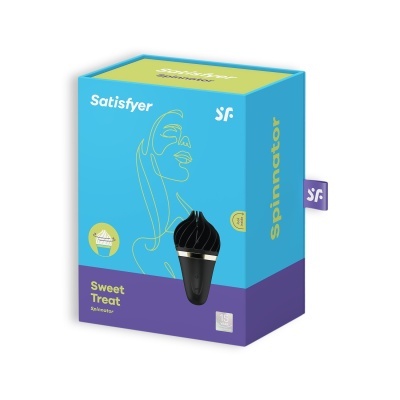 Caixa azul e roxa do produto Satisfyer Spinnator Sweet Treat com imagem do dispositivo preto em espiral
