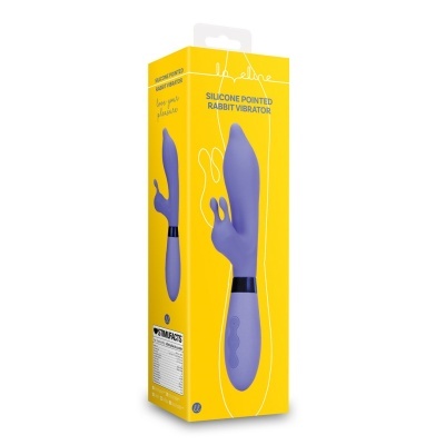 Embalagem amarela com vibrador roxo tipo coelho de silicone pontudo