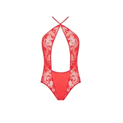 Body vermelho de renda com padrão floral e detalhe de strass