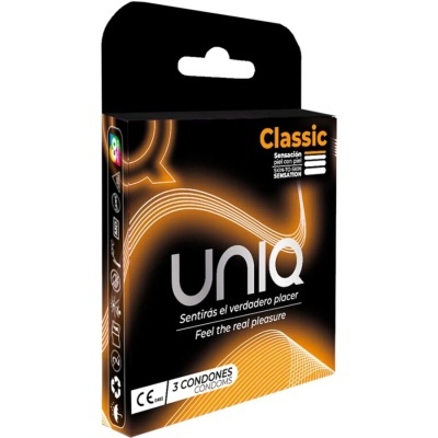Embalagem de preservativos UNIQ Classic preto e laranja.