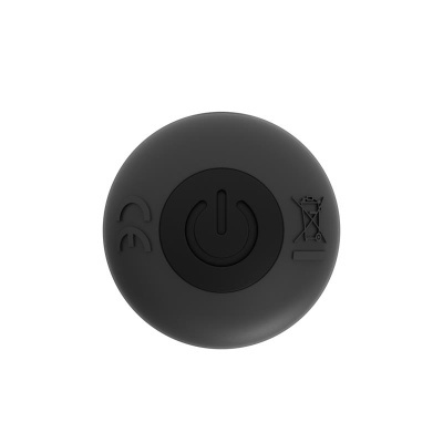 dispositivo preto circular com botão de ligar/desligar e símbolos CE e descarte