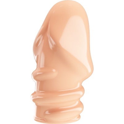 Produto de silicone cor de pele com relevo espiral e protuberância lateral