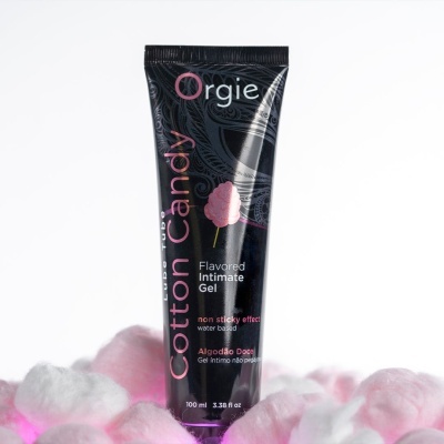 Gel íntimo Orgie Cotton Candy em tubo preto com algodão doce ao redor