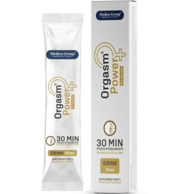 Suplemento alimentar Orgasm Power+ da Medica-Group em embalagem branca com texto dourado e preto, 10ml