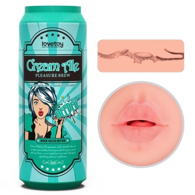 Lata azul esverdeada do produto lovetoy Cream Ale com detalhes de mulher e imagens do interior do produto em rosa.