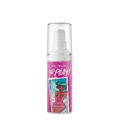 Frasco de gel com doseador e rótulo rosa com ilustração e texto branco